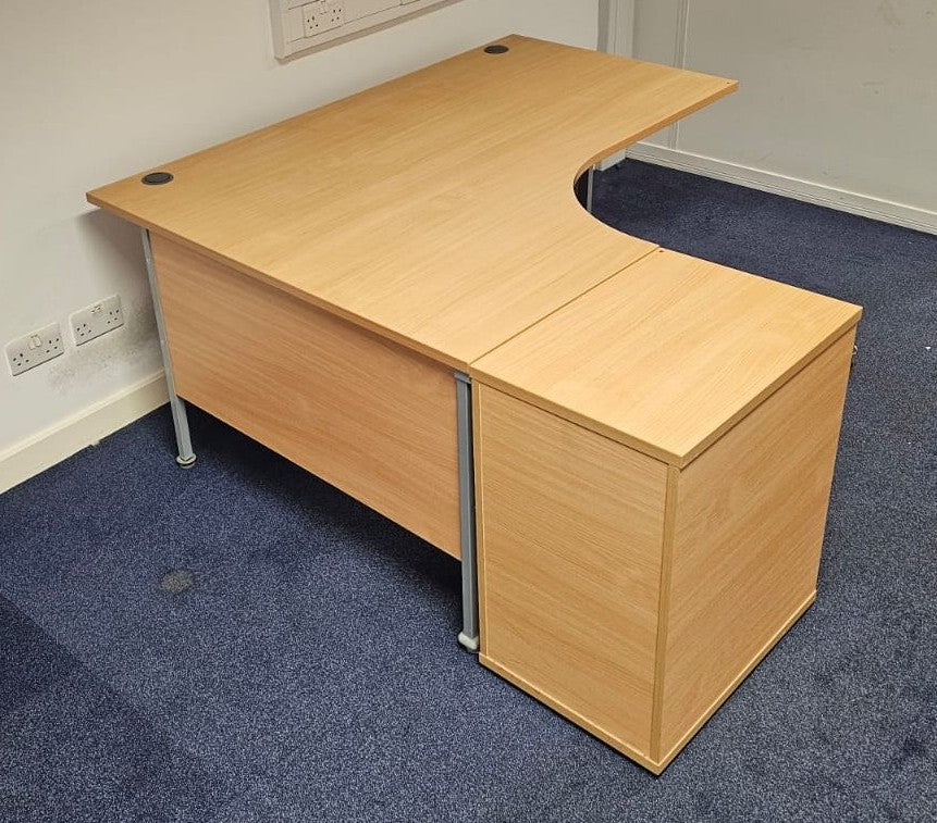 1600mm Left Hand Curved Desk with 3 Drawer Desk High Pedestal Beech (used)