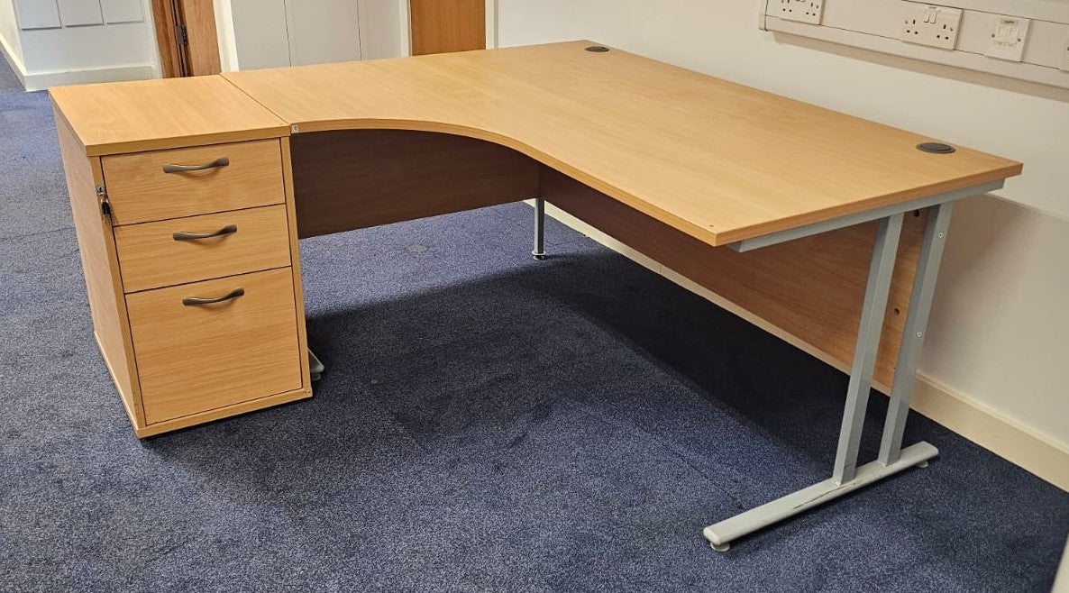 1600mm Left Hand Curved Desk with 3 Drawer Desk High Pedestal Beech (used)