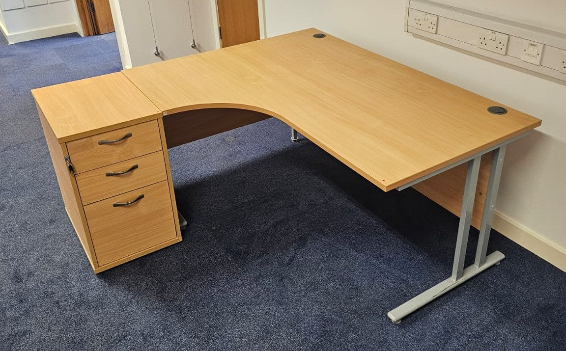 1600mm Left Hand Curved Desk with 3 Drawer Desk High Pedestal Beech (used)