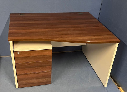 1200mm Right Hand Wave Desk with 3 Drawer Pedestal Walnut / White (used)
