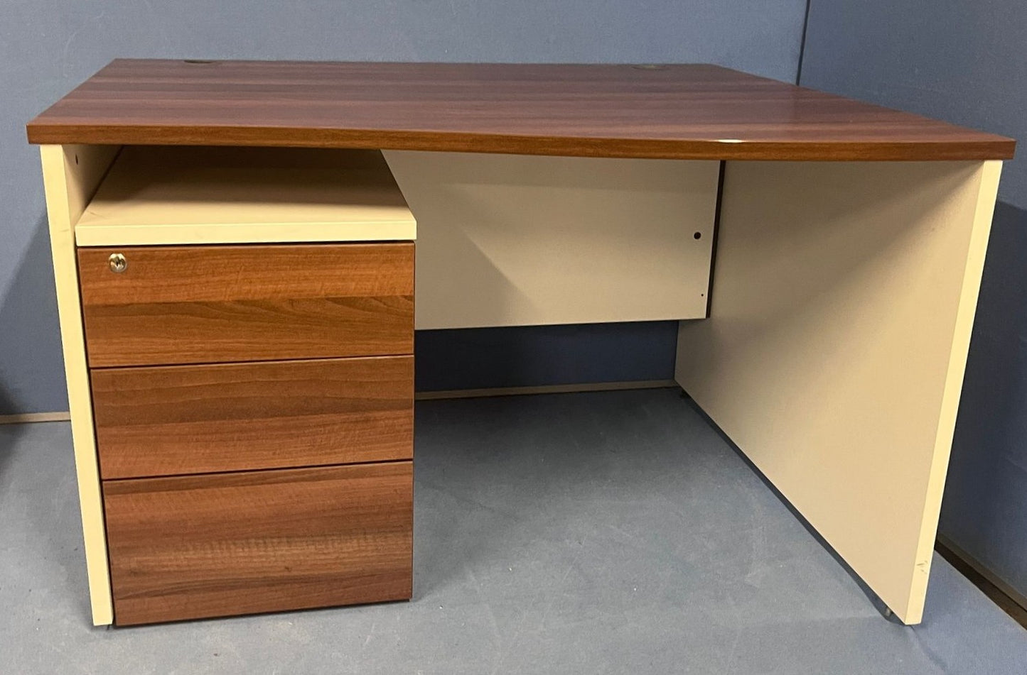 1200mm Right Hand Wave Desk with 3 Drawer Pedestal Walnut / White (used)
