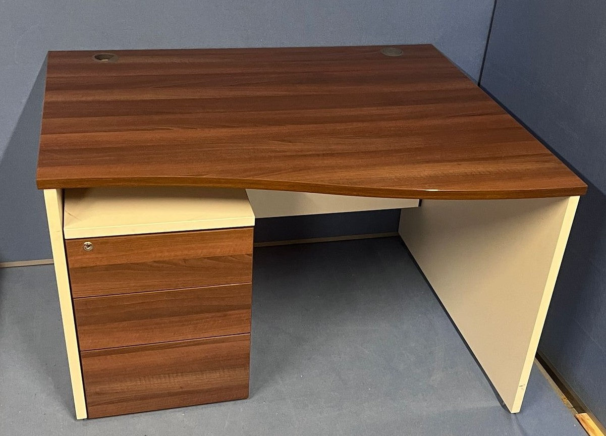 1200mm Right Hand Wave Desk with 3 Drawer Pedestal Walnut / White (used)