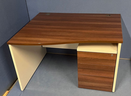 1200mm Left Hand Wave Desk with 3 Drawer Pedestal Walnut / White (used)