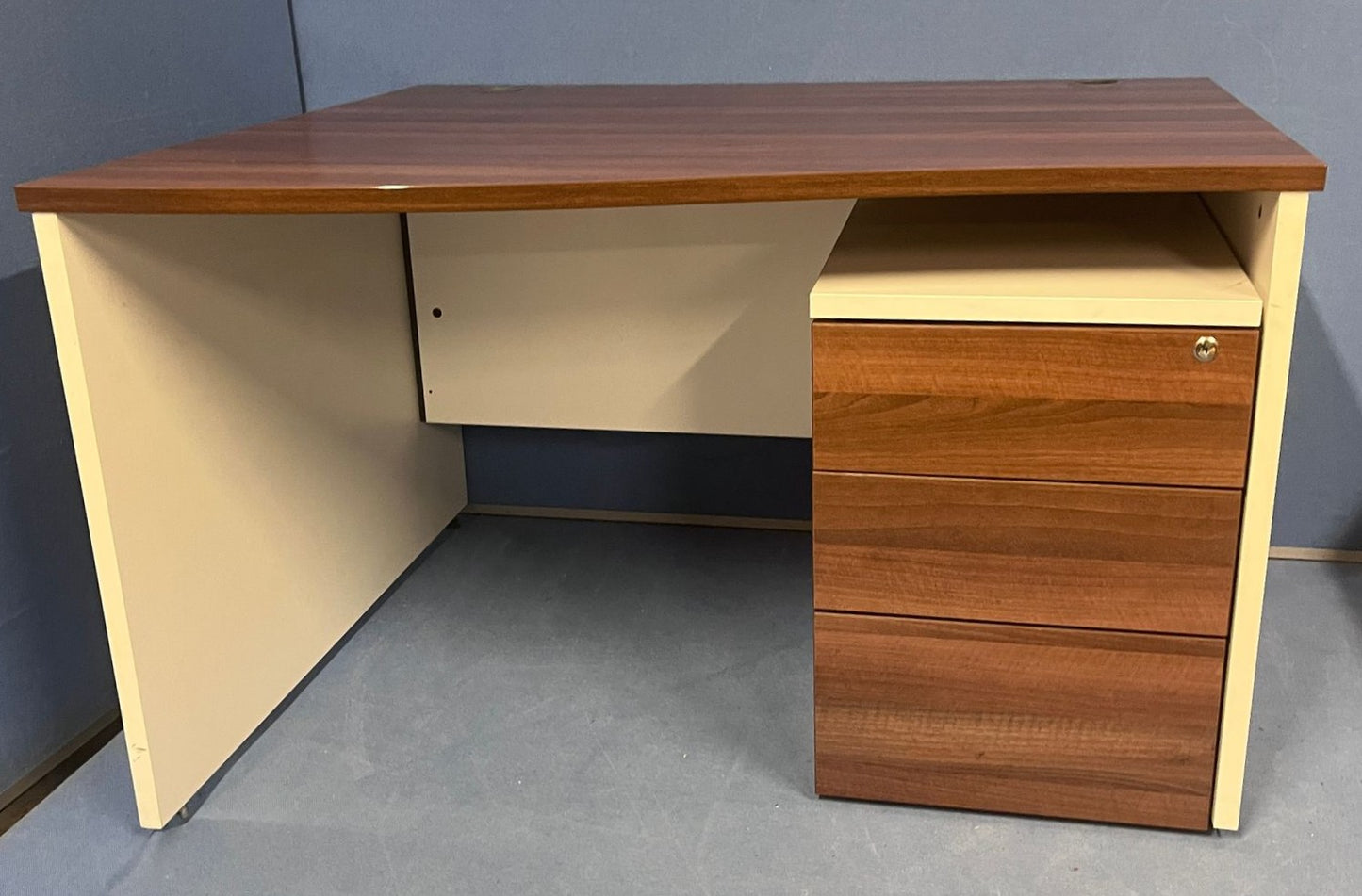 1200mm Left Hand Wave Desk with 3 Drawer Pedestal Walnut / White (used)