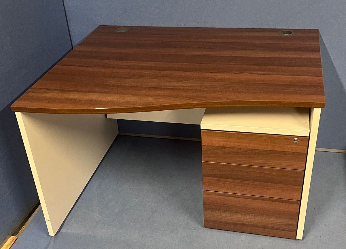 1200mm Left Hand Wave Desk with 3 Drawer Pedestal Walnut / White (used)