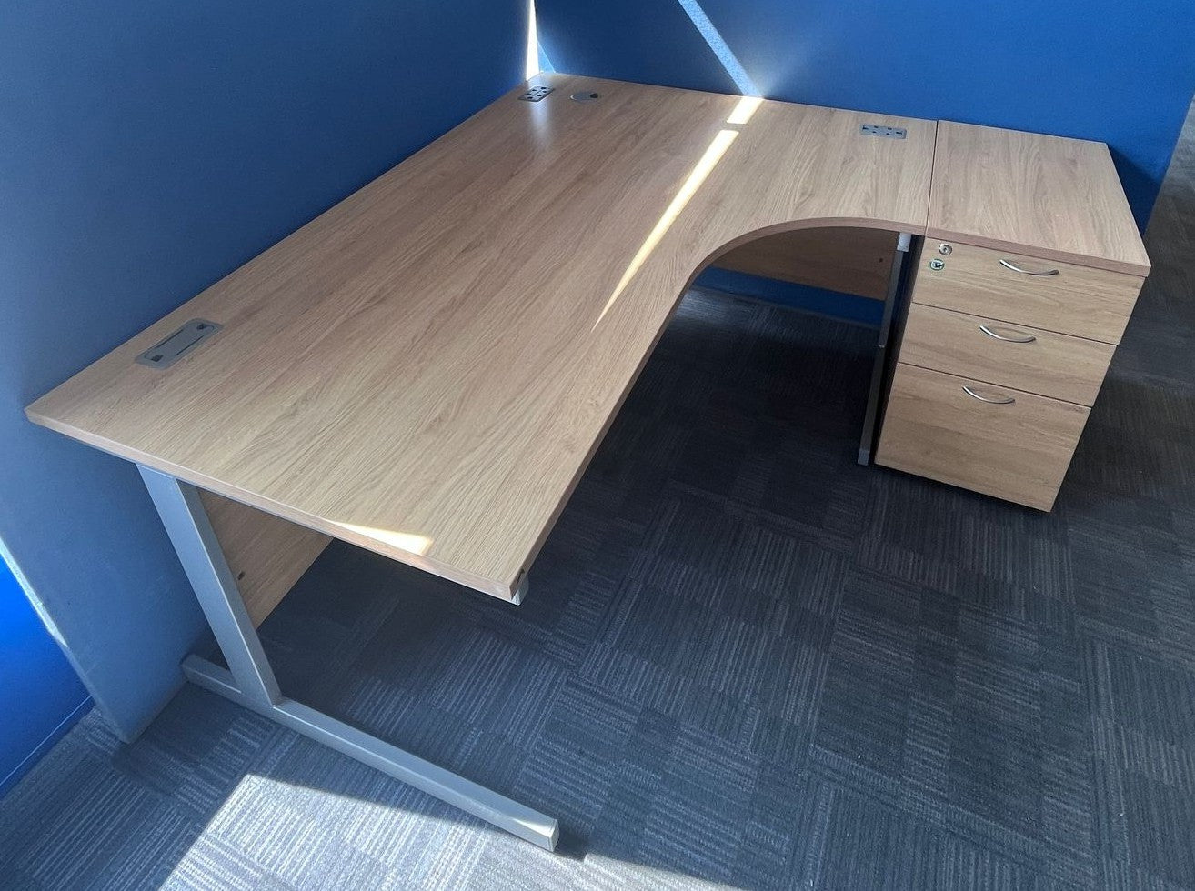 1800mm Right Hand Curved Desk with 3 Drawer Desk High Pedestal Verade Oak (used)