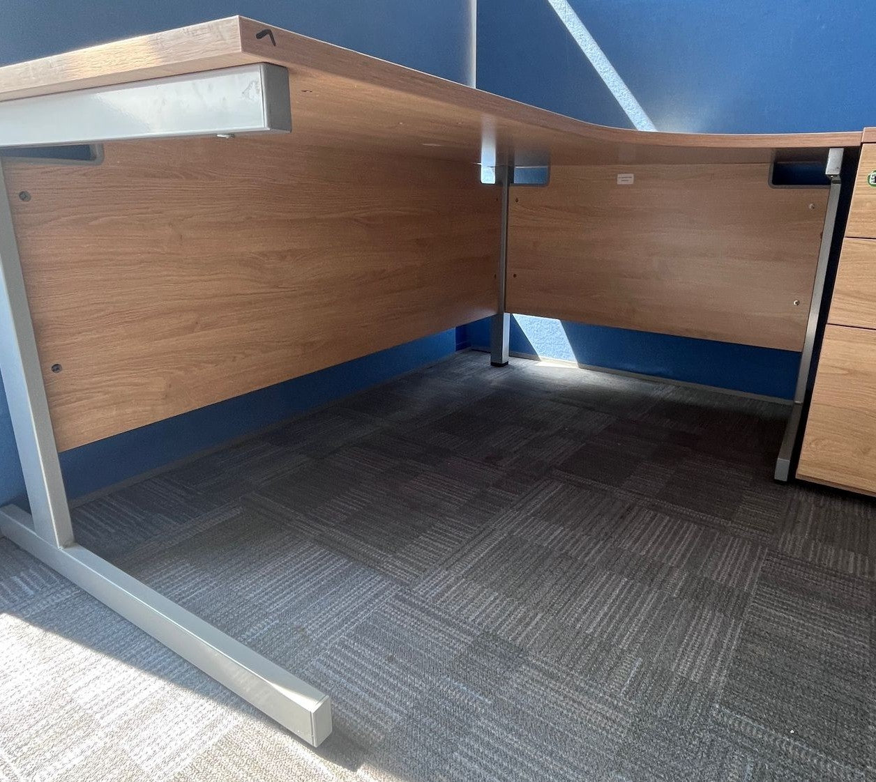 1800mm Right Hand Curved Desk with 3 Drawer Desk High Pedestal Verade Oak (used)