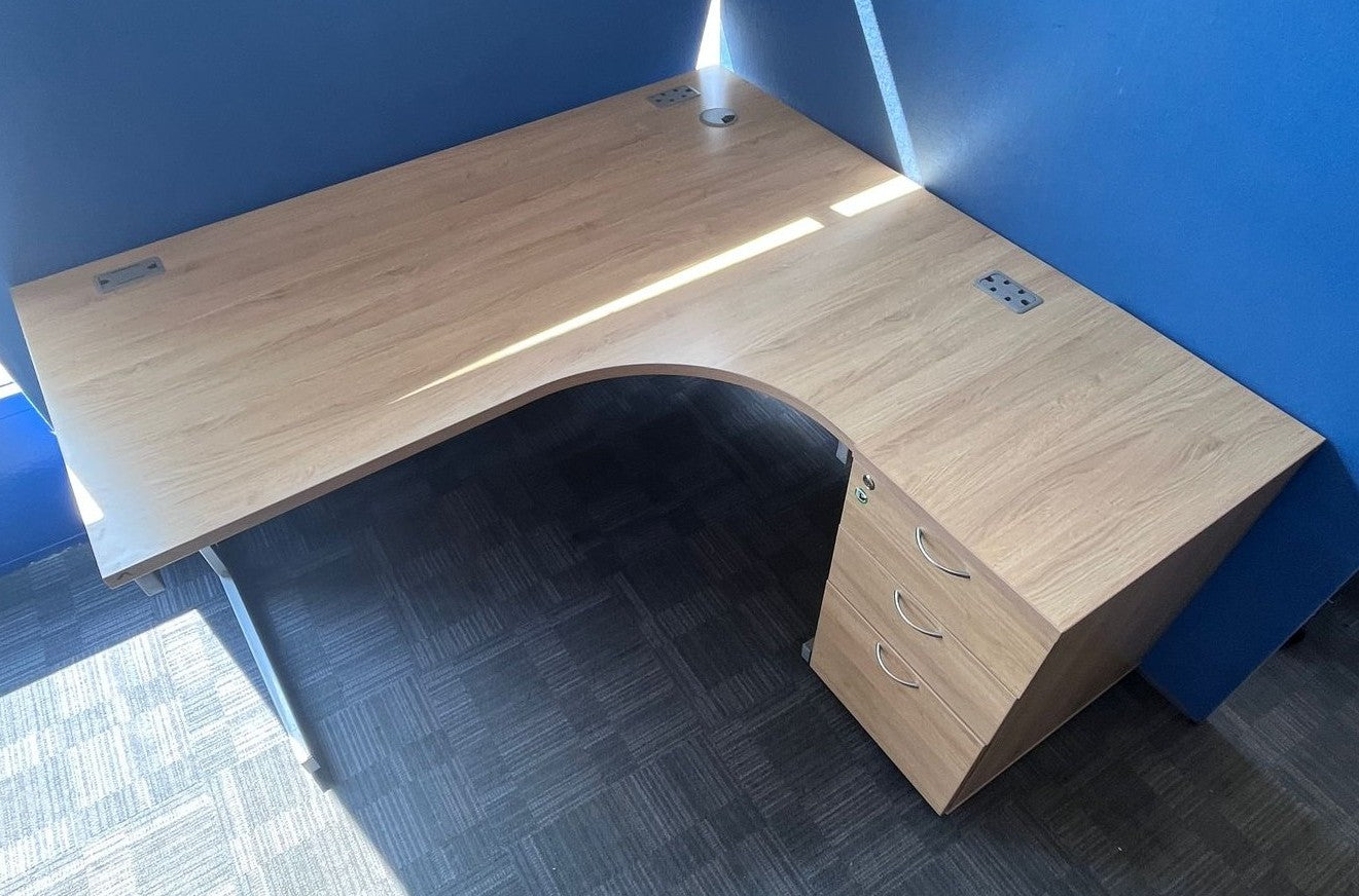 1800mm Right Hand Curved Desk with 3 Drawer Desk High Pedestal Verade Oak (used)