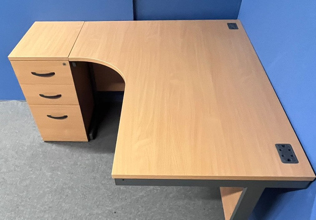 1600mm Left Hand Curved Desk with 3 Drawer Desk High Pedestal Beech (used)