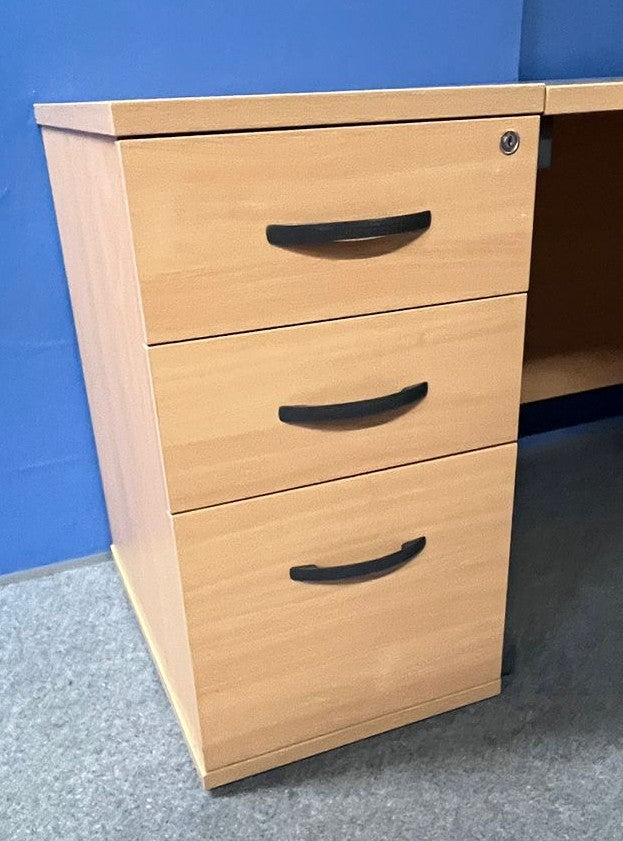 1600mm Left Hand Curved Desk with 3 Drawer Desk High Pedestal Beech (used)