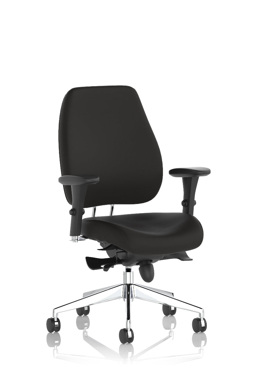 A black high back posture chair with adjustable arms, lumbar support, and a chrome base.