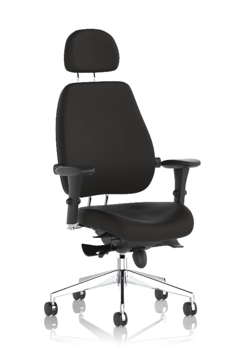 A black high back posture fabric chair with adjustable arms, headrest, and a chrome 5 star base.