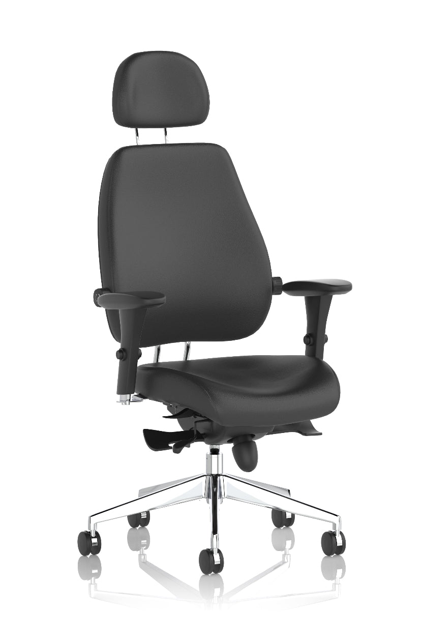 A black high back posture leather chair with adjustable armrests and headrest, featuring a gas lift for height adjustment and a polished chrome 5 star base.
