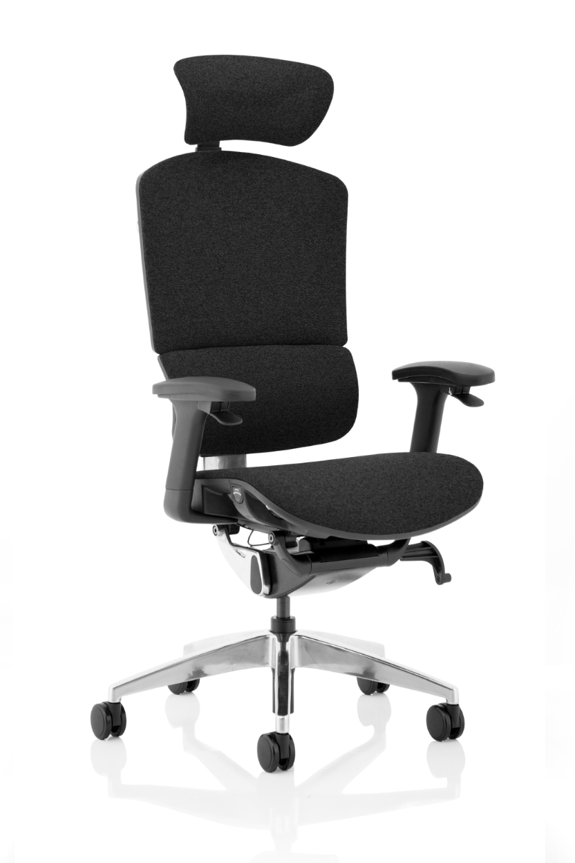 A black high back posture chair with fabric mesh, featuring adjustable arms, backrest and headrest, and a chrome five-star base.