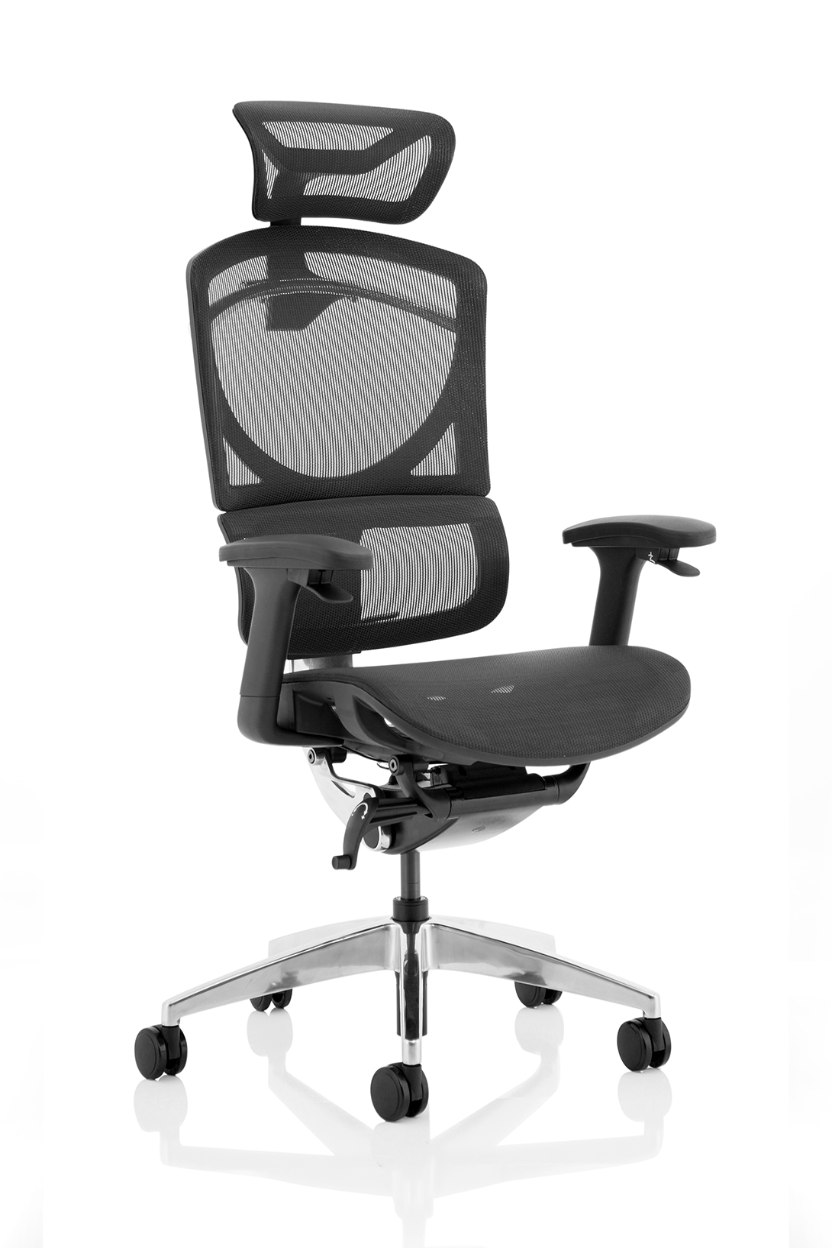 A black high back posture mesh chair with adjustable arms and headrest, featuring a chrome frame and 5 star base.