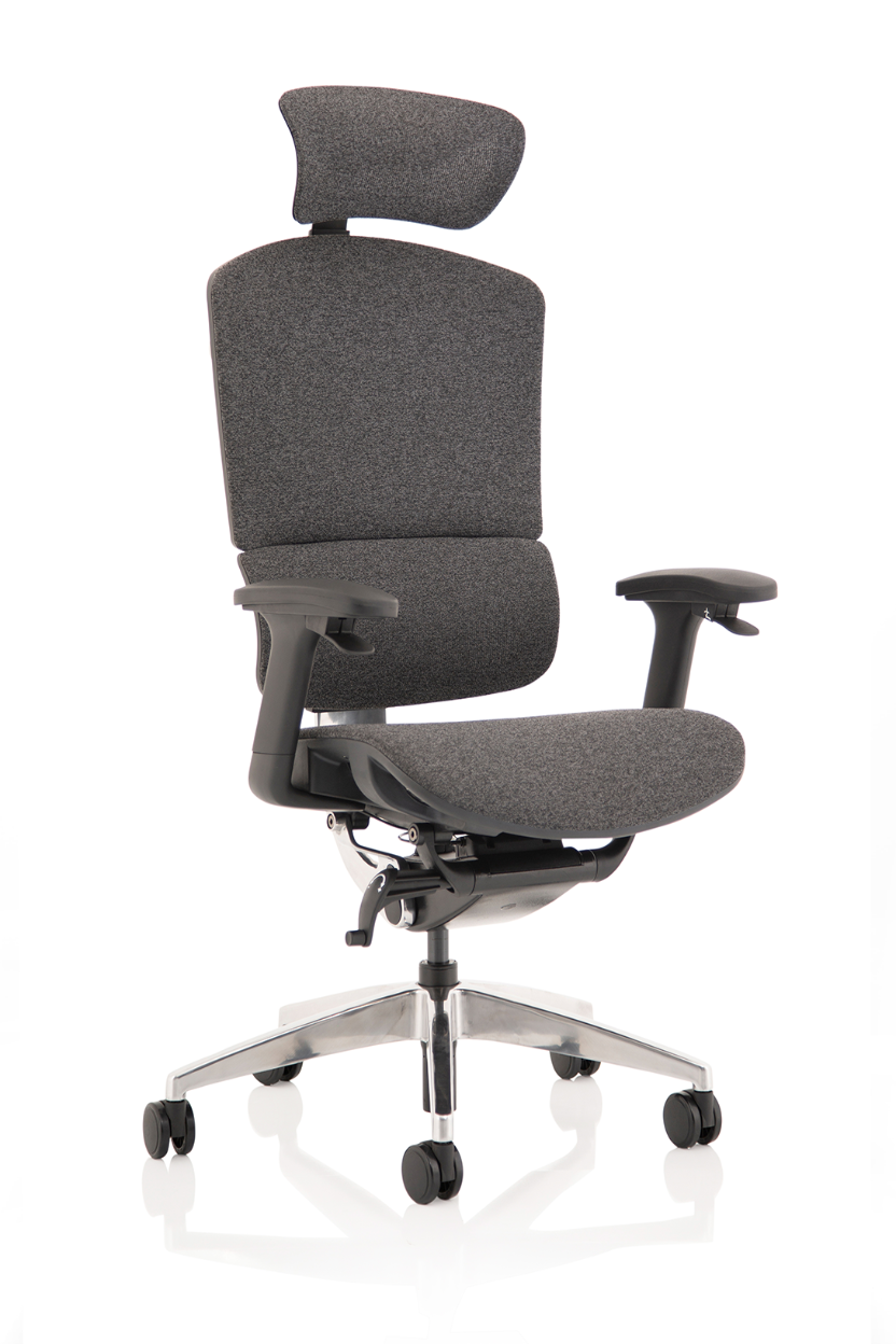 A high back office chair with a gray mesh seat and backrest, adjustable armrests, and a headrest. The chair is equipped with a chrome frame and a five-star base, set against a white background.