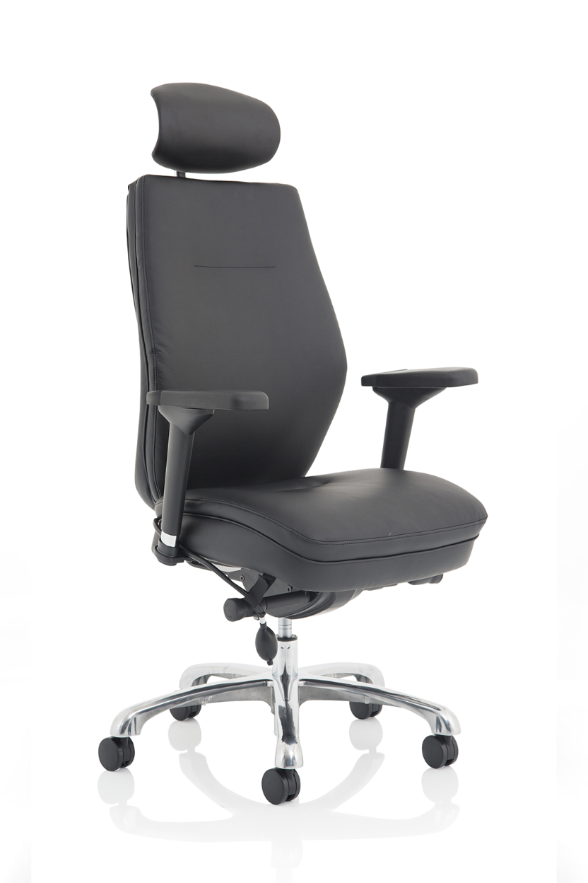A high back black leather office chair with adjustable arms and a headrest, on a chrome base with wheels.