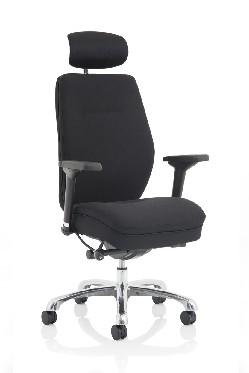 Black office chair with headrest on a white background