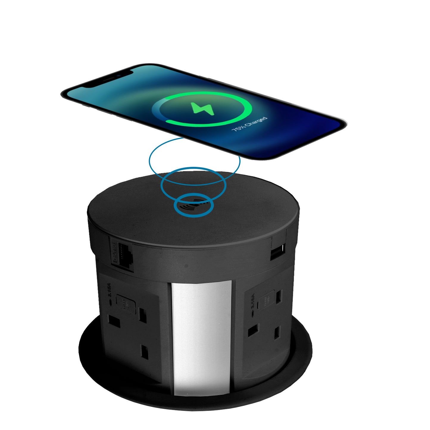 PopSocket Pop-up Power Unit, 4-fused Sockets, USB A+C, Wireless Charger, RJ45, HDMI, 2m Start Lead