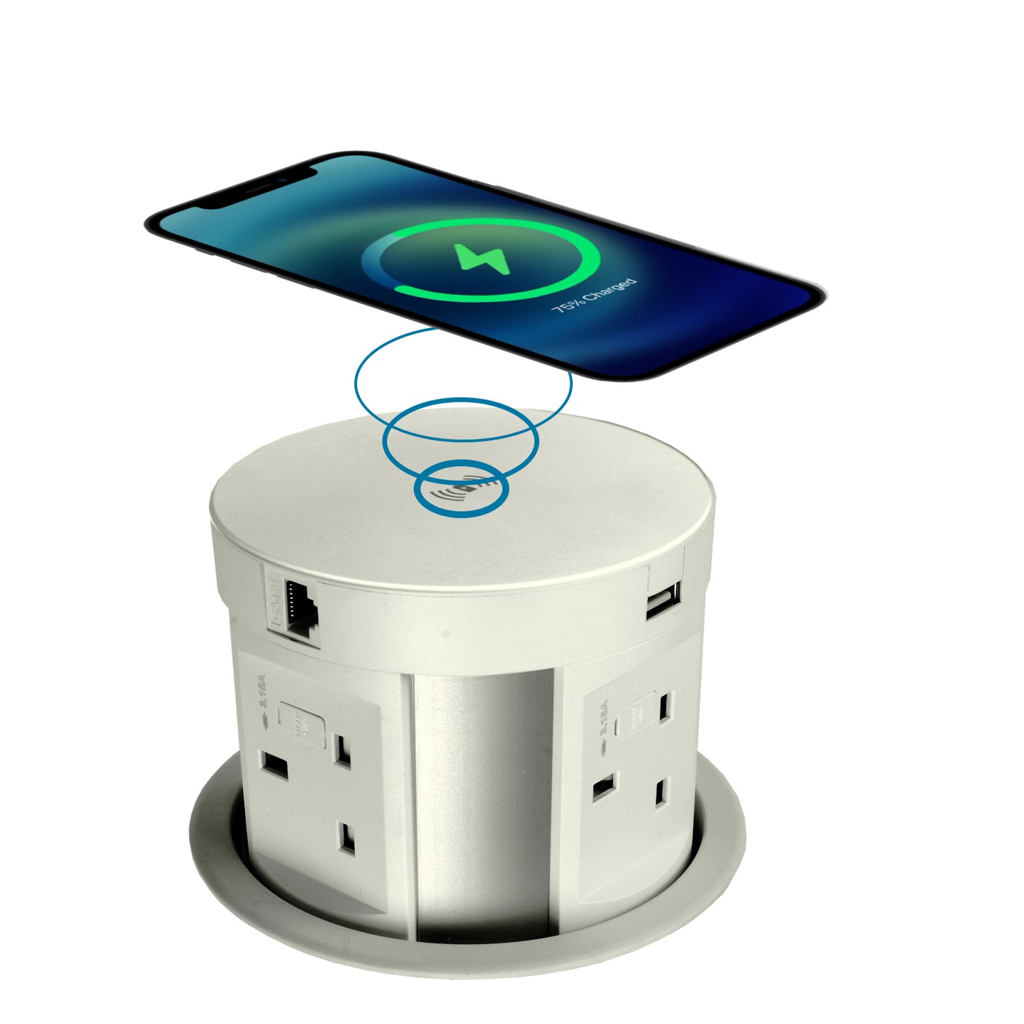 PopSocket Pop-up Power Unit, 4-fused Sockets, USB A+C, Wireless Charger, RJ45, HDMI, 2m Start Lead