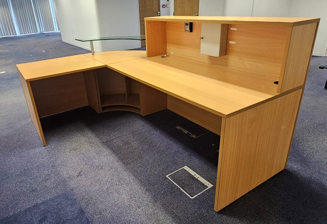 2400x1600mm Reception Counter with Glass Shelf Beech (used)