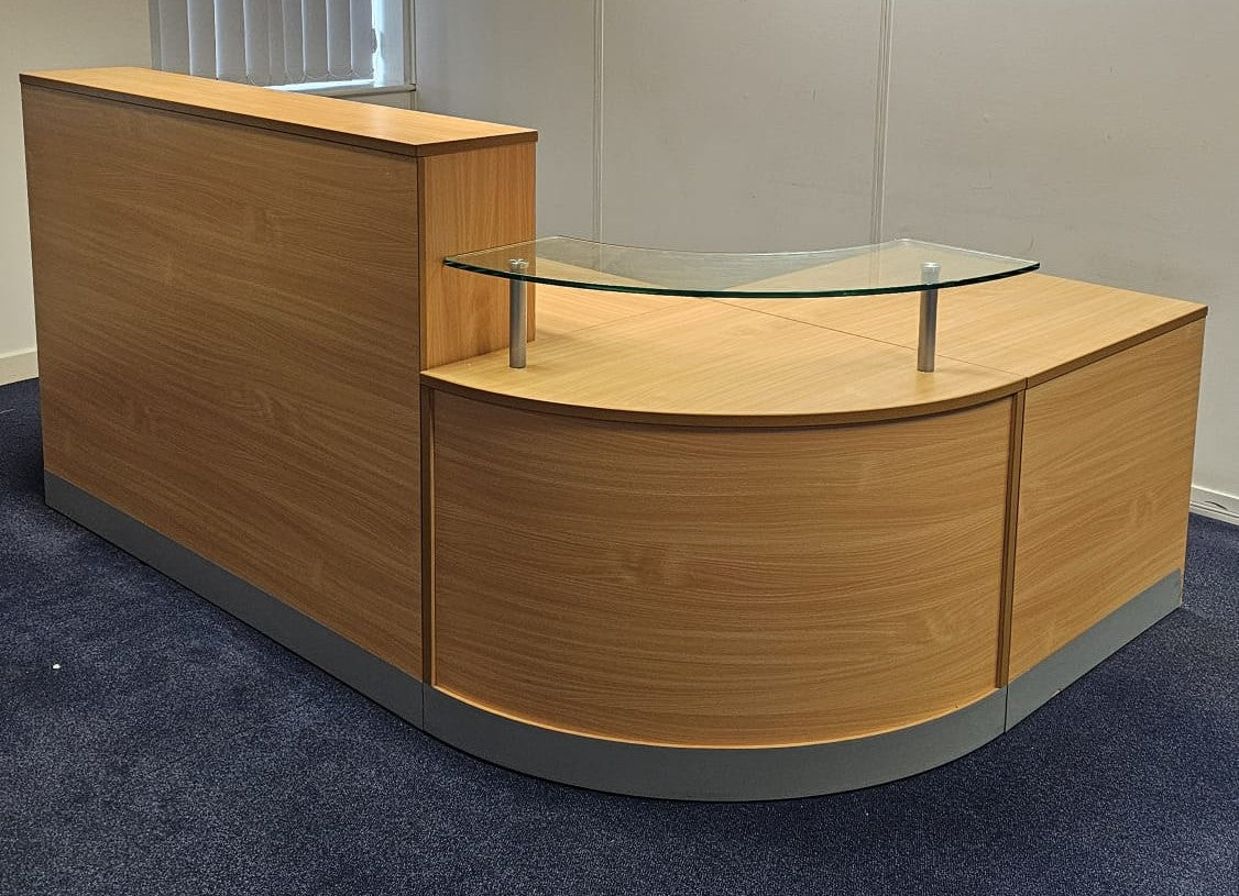 2400x1600mm Reception Counter with Glass Shelf Beech (used)