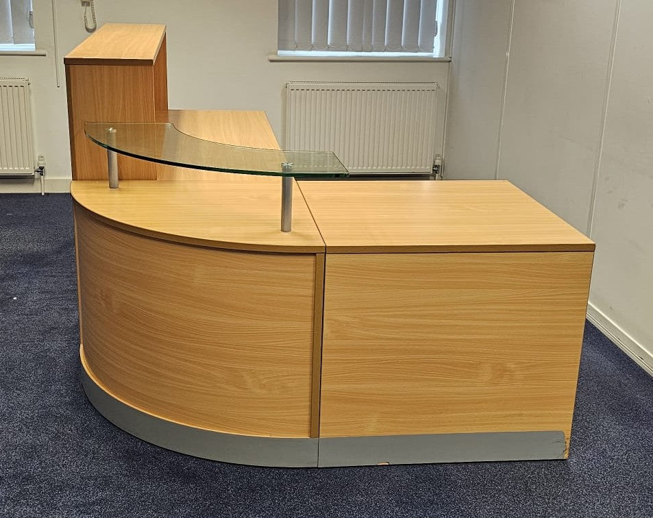 2400x1600mm Reception Counter with Glass Shelf Beech (used)