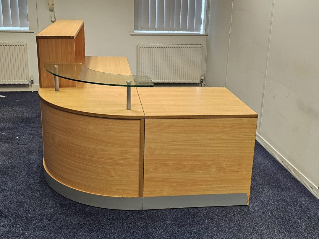2400x1600mm Reception Counter with Glass Shelf Beech (used)