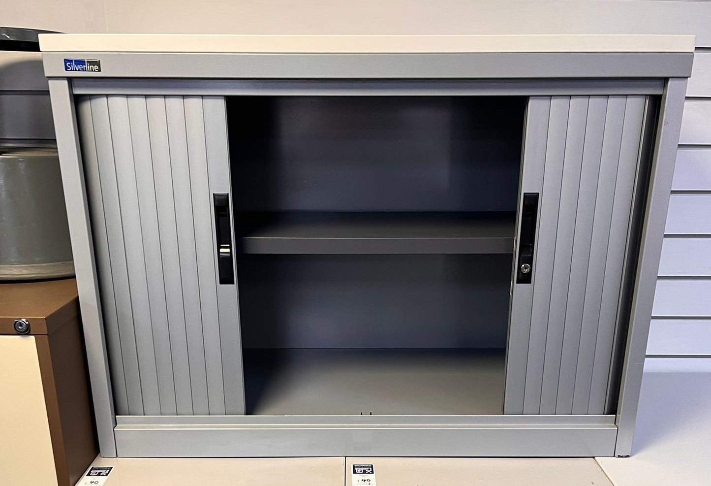 720mm High Metal Tambour Unit with 1 Shelf Grey with White Top (used)
