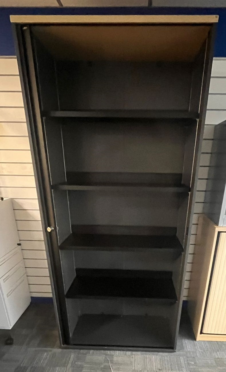 2085mm High Metal Tambour Unit with 4 Shelves Grey / Maple (used)