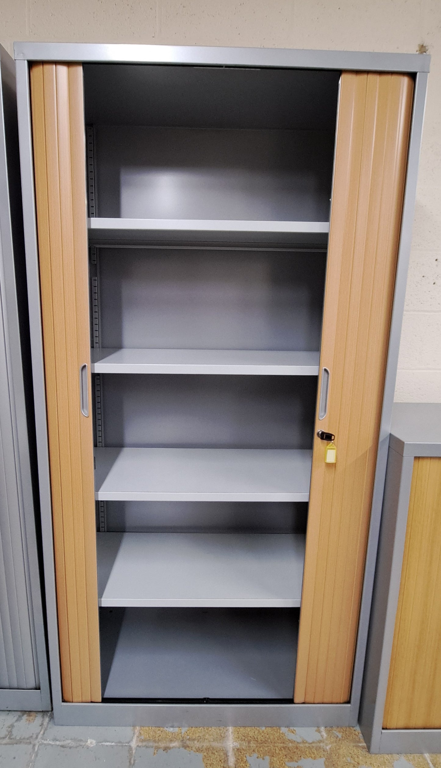 1960mm High Metal Tambour Unit with 4 Shelves Grey / Oak (used)