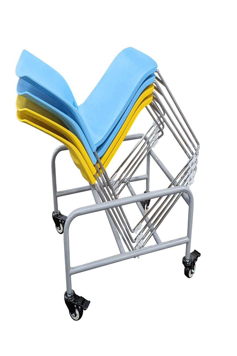 Stack of blue and yellow chairs on a metal cart with wheels against a white background