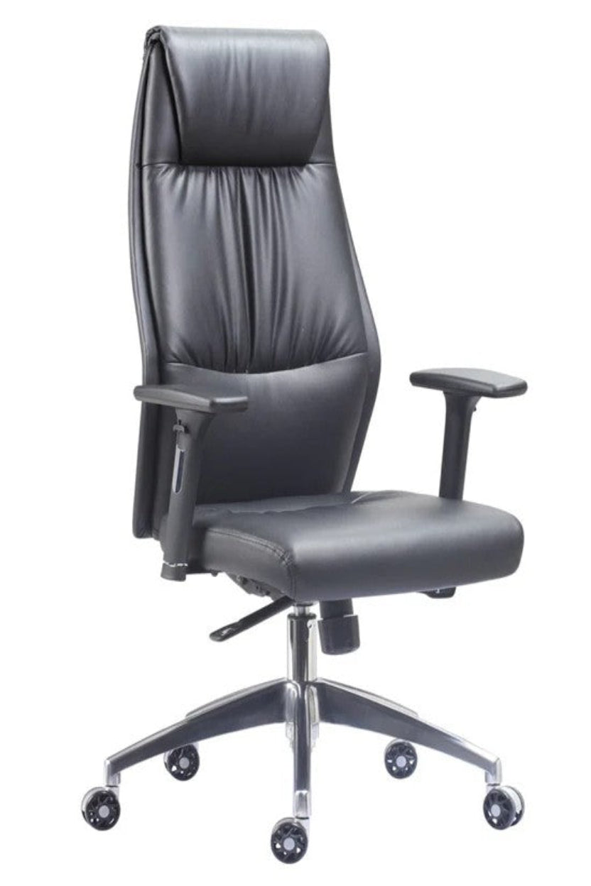 Black office chair with adjustable armrests on a white background