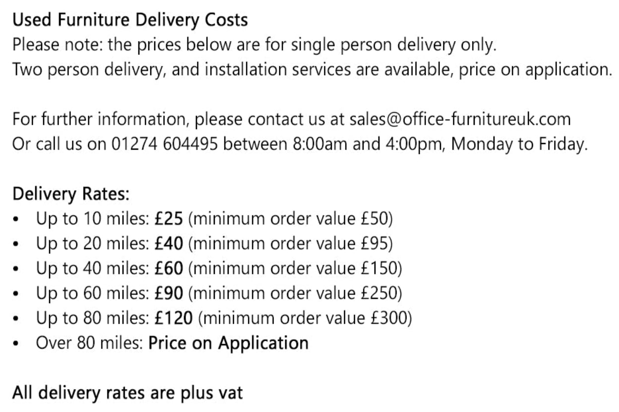 Text document detailing used furniture delivery costs with contact information.