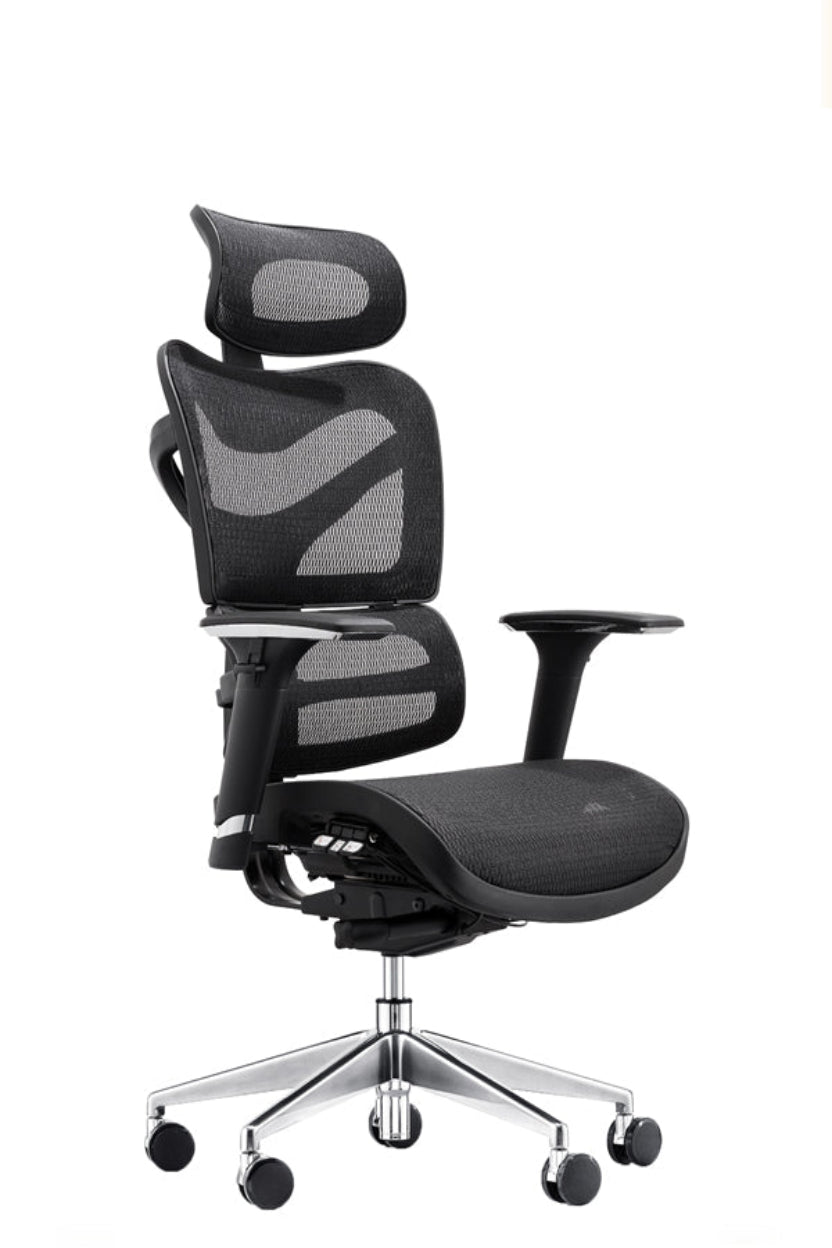 An ergonomic black mesh task armchair with a height-adjustable ratchet back, headrest, and chrome base and trim.