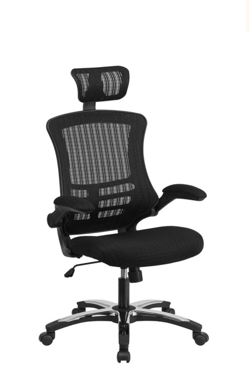 Black mesh executive office armchair with a headrest, foldaway arms, and a chrome base.
