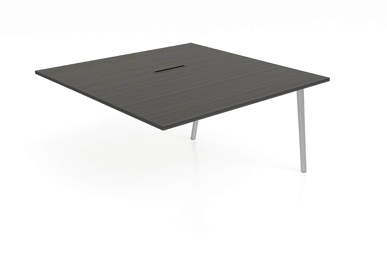 Square conference table with dark surface and metal legs on a white background