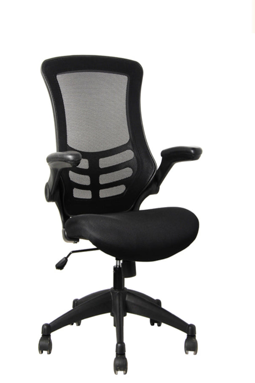 A black mesh operator armchair with foldaway arms, a nylon shell and base with black castors, and a gas lift.