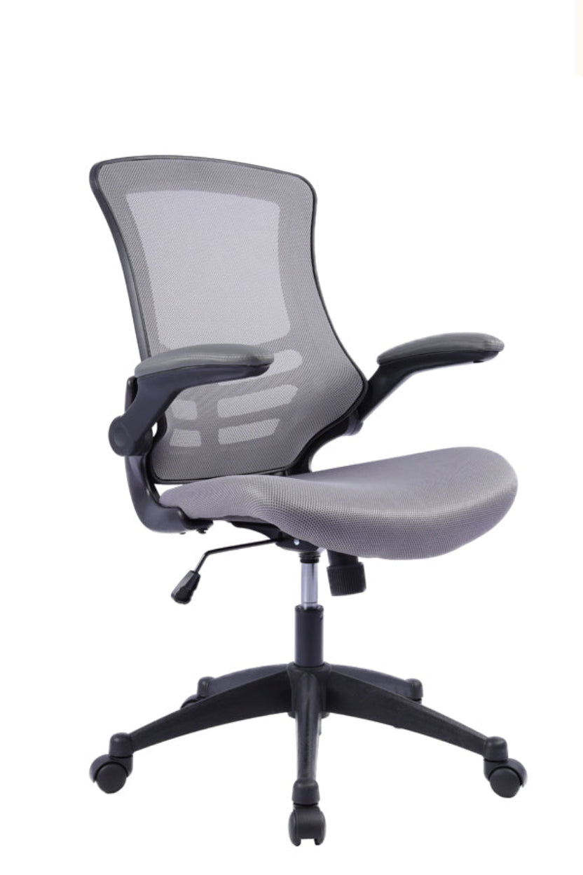 A gray mesh operator armchair with foldaway arms, a nylon shell, and black castors, featuring a gas lift and tilt lock.