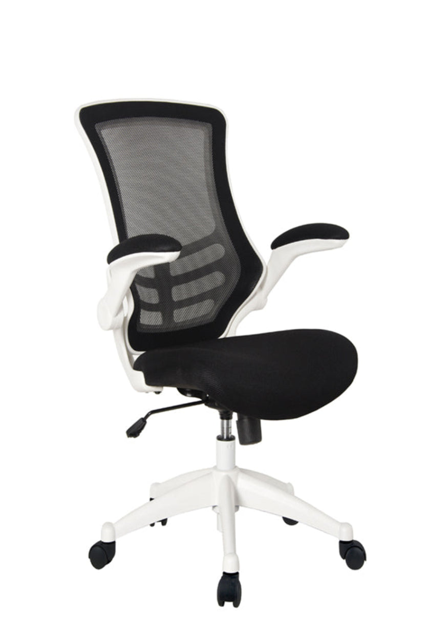 A white mesh operator armchair with foldaway arms, a black faux leather seat, and a nylon base with black castors.