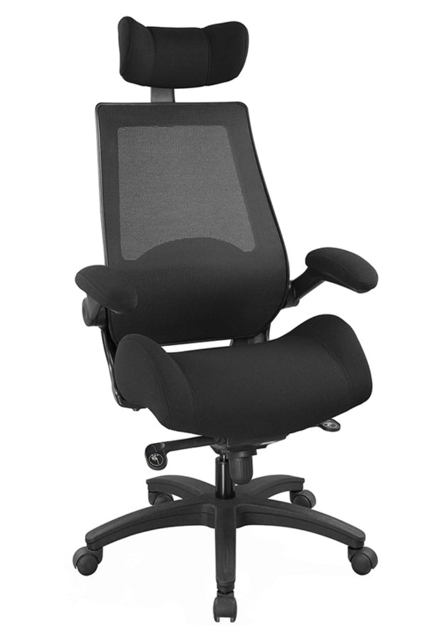 Black ergonomic office chair with headrest on a white background