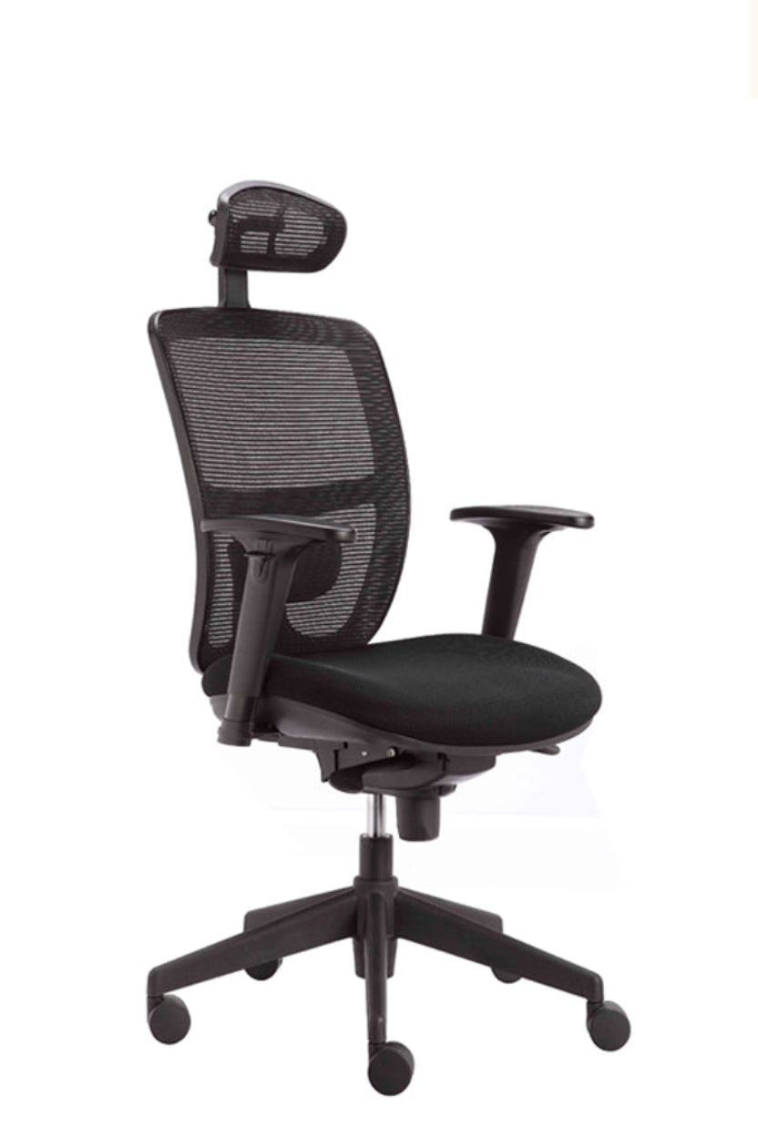 Black office chair with mesh backrest on a white background