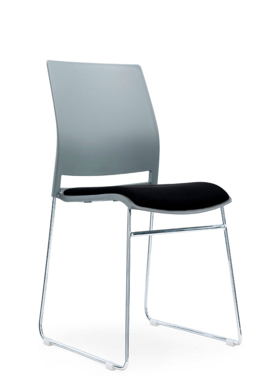 A gray stacking chair with a black fabric seat pad and a chrome metal frame.