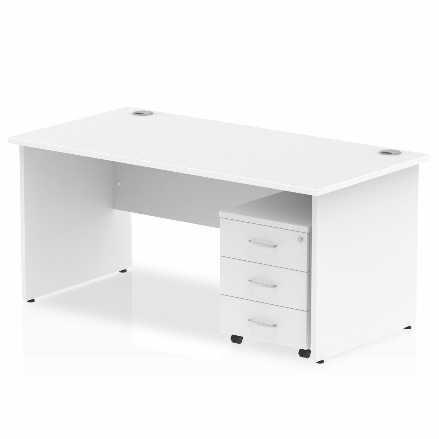 White straight desk with drawers on a white background