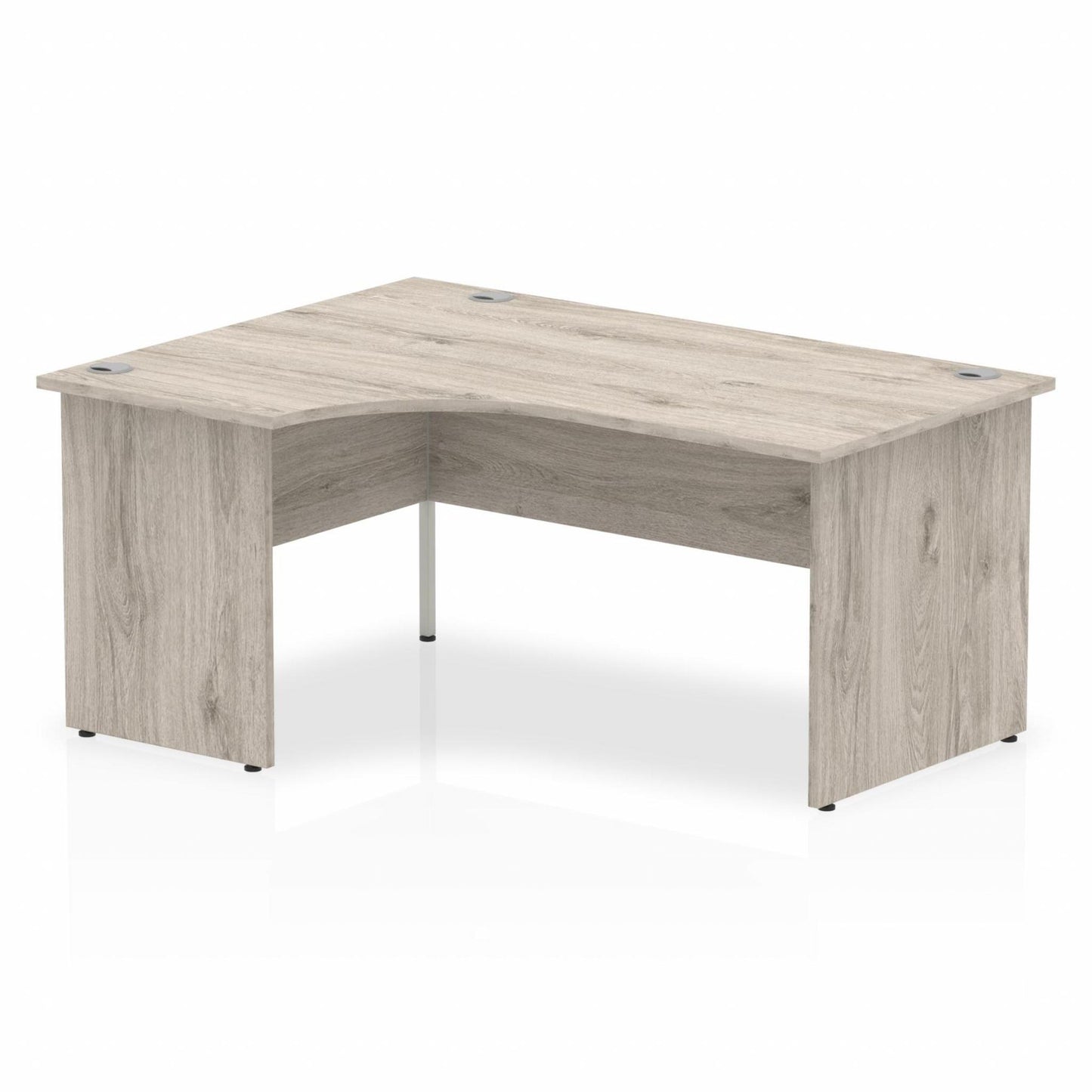 Grey oak L-shaped desk with drawers on a white background