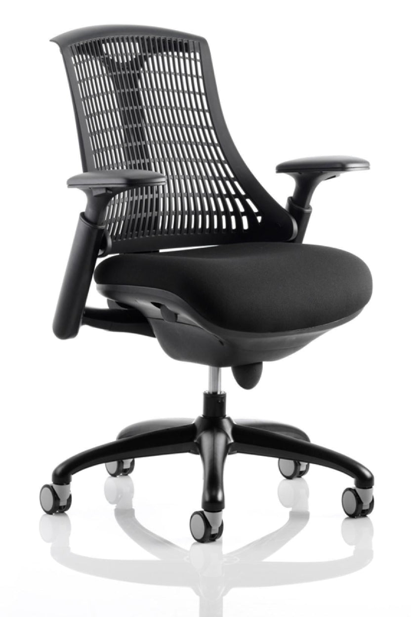 A black office chair with a cushioned seat, adjustable gel padded arms, and a flexible backrest, standing on a five-star base with casters.