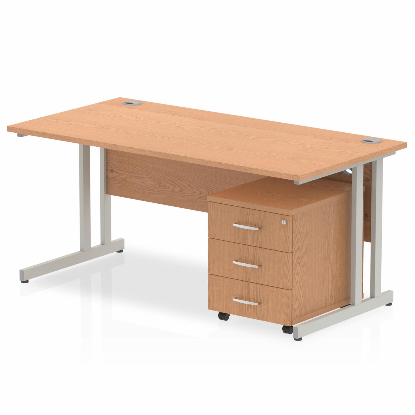 Oak straight desk with drawers on a white background