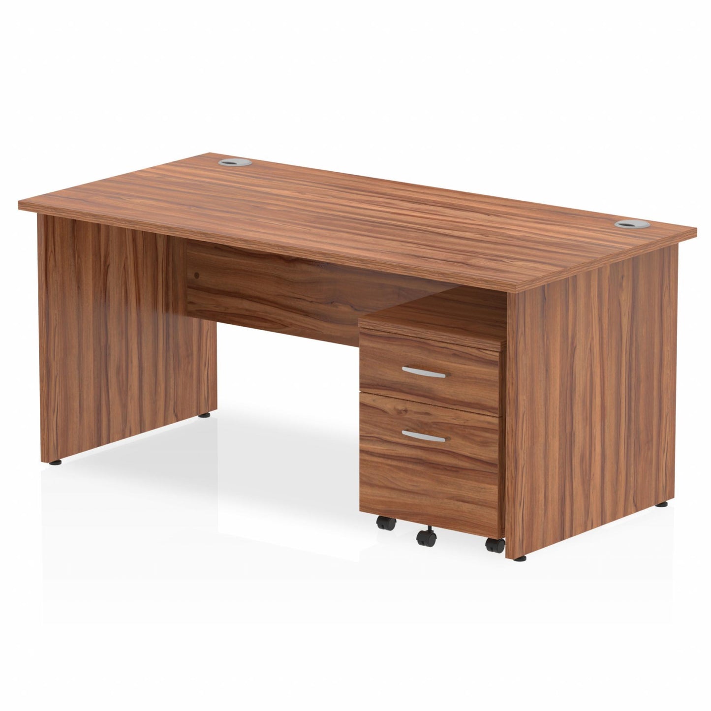 Walnut straight desk with drawers on a white background