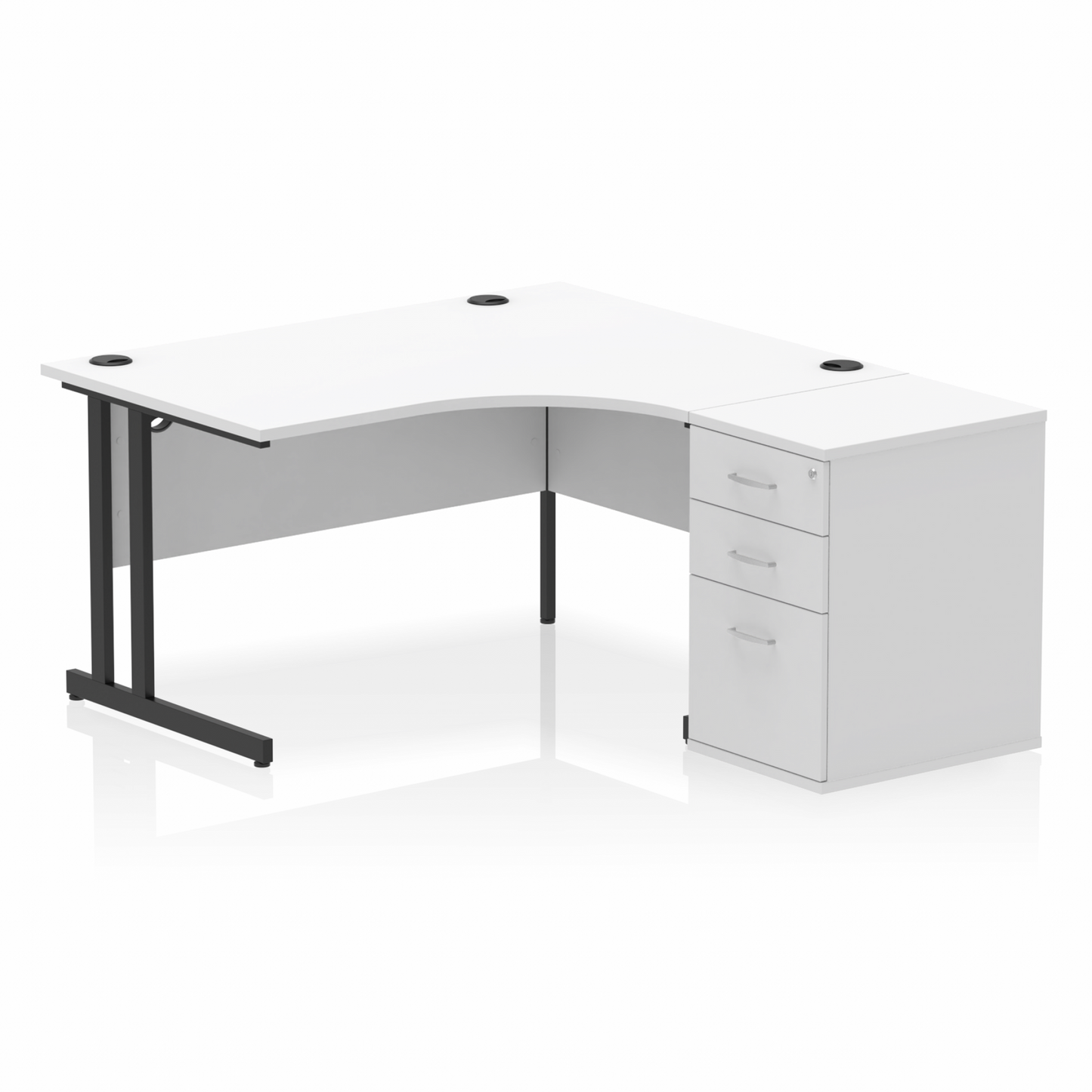 Impulse 1400mm Right Hand Curved Desk, White Top with Black Cantilver Legs inc 3 Drawer Desk High Pedestal
