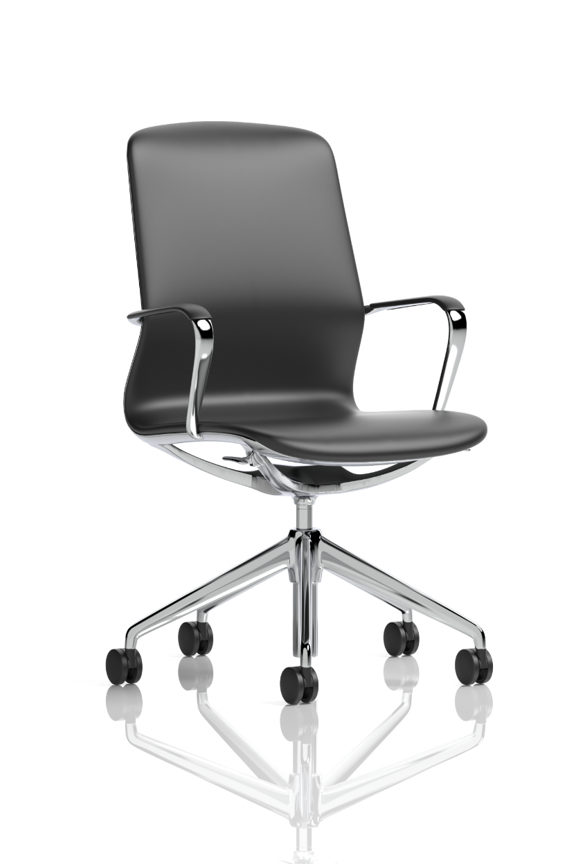 A black high back executive office chair with PU leather upholstery, fixed arms, and a polished aluminium frame and base.